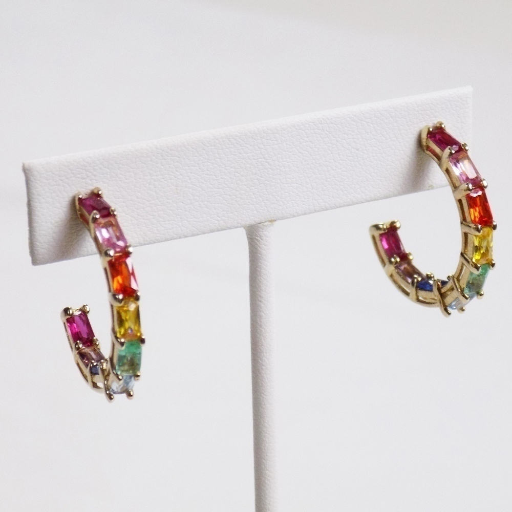 new! chunky rainbow crystal baguette hoop earrings